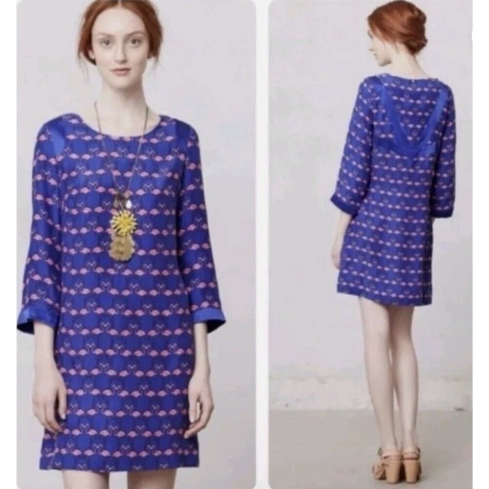 Anthropologie Harlyn Women's 3/4 Sleeve Flamingo Print Silk Dress Sz Small